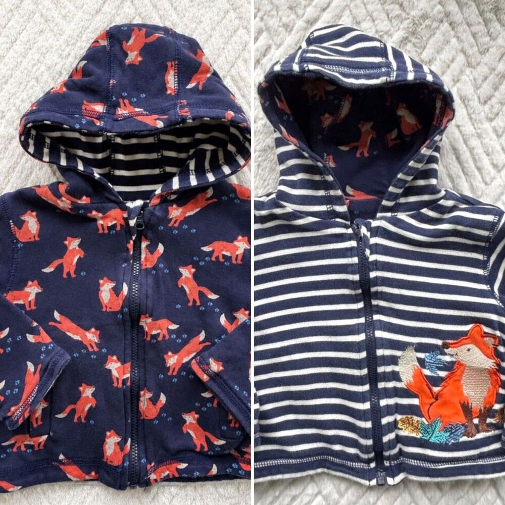 JoJo Maman Bebe Baby 6-12M Fox Print Reversible Hooded Jacket Navy